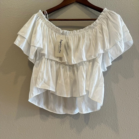 Impressions Boutique Front Tie Top In White Tiered Ruffle Off Shoulder Size M - Picture 7 of 8